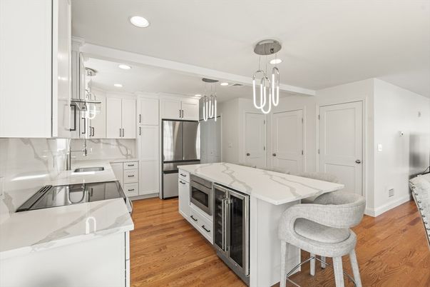 Interior, Kitchen, Pendant Lights, Recessed Lighting, Stainless Steel Appliances, Wood Texture Flooring