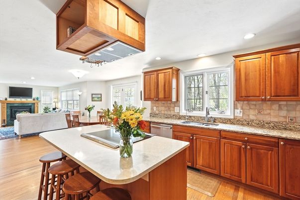 Dining room, Fireplace, Interior, Kitchen, Living room, Recessed Lighting, Wood Texture Flooring