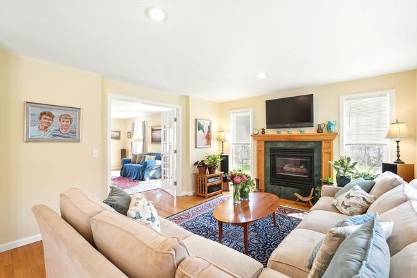 Fireplace, Interior, Living room, Recessed Lighting, Wood Texture Flooring