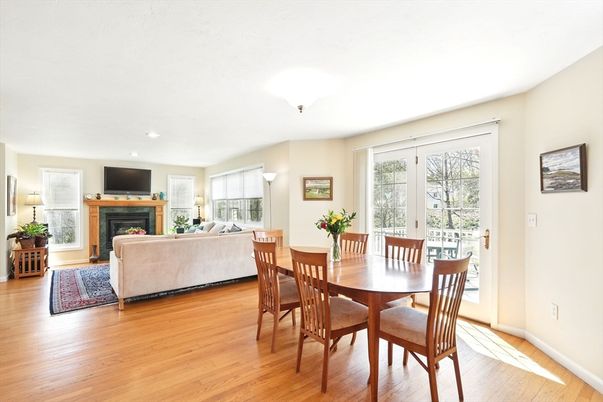 Dining room, Fireplace, Interior, Living room, Recessed Lighting, Wood Texture Flooring