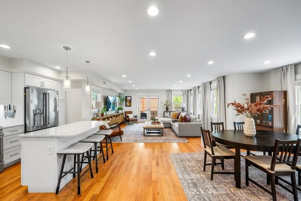 Dining room, Interior, Kitchen, Living room, Pendant Lights, Recessed Lighting, Stainless Steel Appliances, Wood Texture Flooring