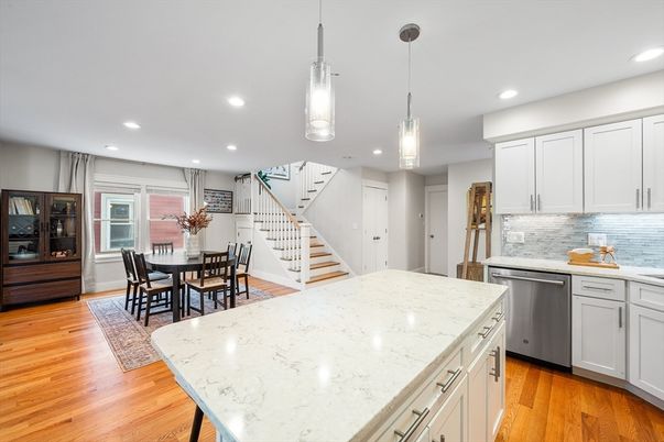 Dining room, Interior, Kitchen, Pendant Lights, Recessed Lighting, Stainless Steel Appliances, Wood Texture Flooring