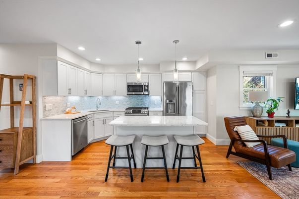 Interior, Kitchen, Pendant Lights, Recessed Lighting, Stainless Steel Appliances, Wood Texture Flooring