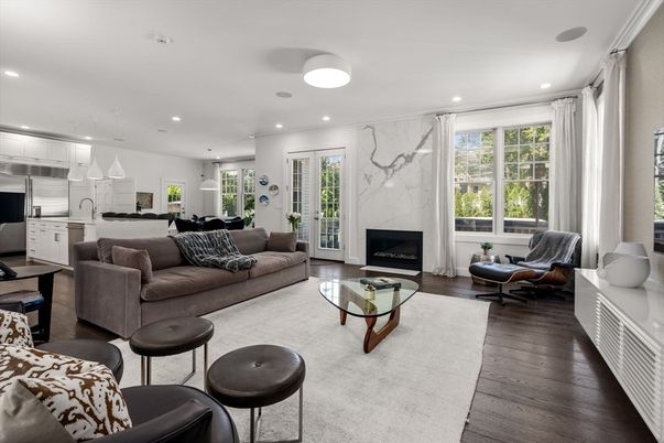 Fireplace, Interior, Kitchen, Living room, Marble Walls, Pendant Lights, Recessed Lighting, Wood Texture Flooring