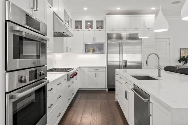 Interior, Kitchen, Pendant Lights, Recessed Lighting, Stainless Steel Appliances, Wood Texture Flooring