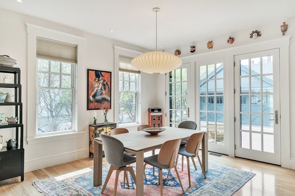 Dining room, Interior, Pendant Lights, Recessed Lighting, Wood Texture Flooring