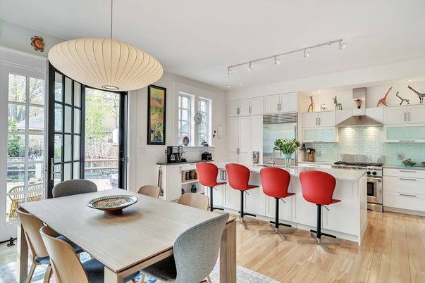 Dining room, Interior, Kitchen, Pendant Lights, Stainless Steel Appliances, Wood Texture Flooring