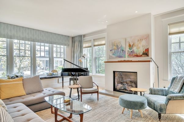 Fireplace, Interior, Living room, Piano, Recessed Lighting, Wood Texture Flooring