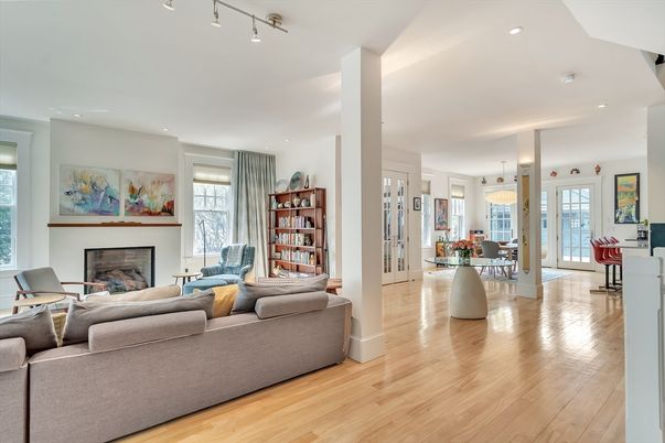 Dining room, Fireplace, Interior, Living room, Pendant Lights, Recessed Lighting, Wood Texture Flooring