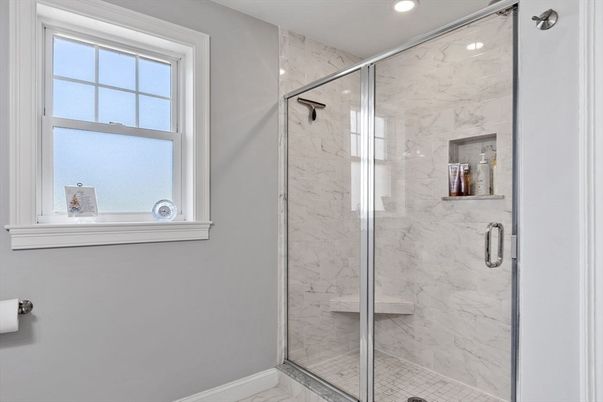 Bathroom, Glass Shower, Interior, Marble Walls, Recessed Lighting