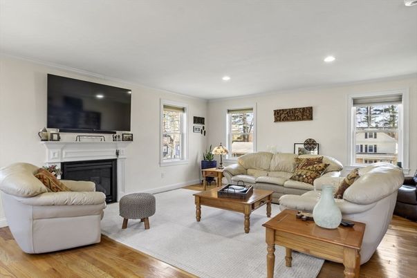 Fireplace, Interior, Living room, Recessed Lighting, Wood Texture Flooring