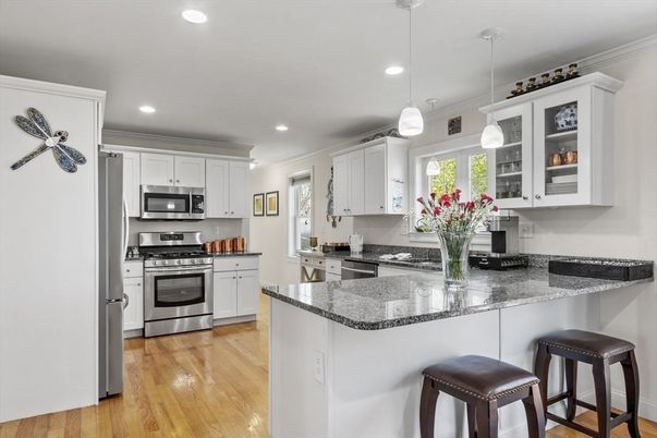 Interior, Kitchen, Pendant Lights, Recessed Lighting, Stainless Steel Appliances, Wood Texture Flooring