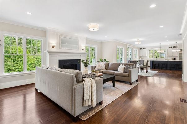 Dining room, Fireplace, Interior, Living room, Pendant Lights, Recessed Lighting, Wood Texture Flooring
