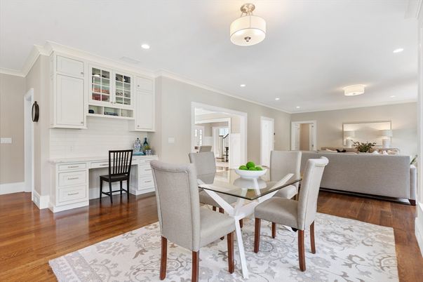 Dining room, Interior, Living room, Recessed Lighting, Wood Texture Flooring