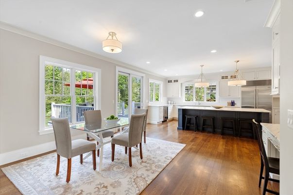 Dining room, Interior, Kitchen, Pendant Lights, Recessed Lighting, Stainless Steel Appliances, Wood Texture Flooring