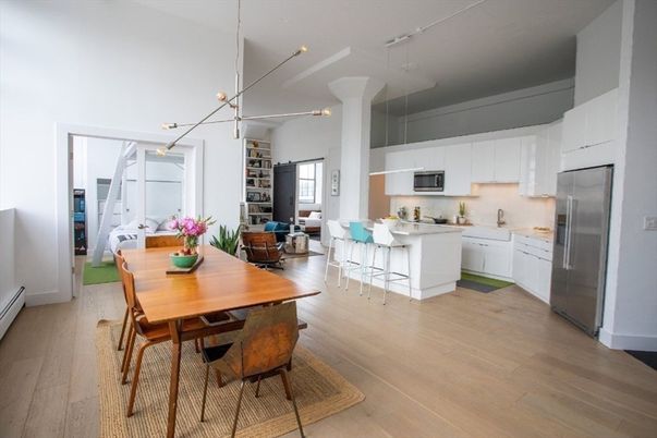 Dining room, Interior, Kitchen, Pendant Lights, Stainless Steel Appliances, Wood Texture Flooring