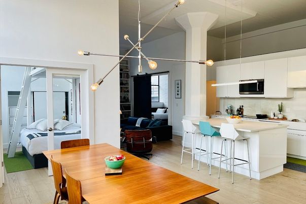 Interior, Kitchen, Living room, Pendant Lights, Wood Texture Flooring