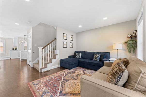 Interior, Living room, Pendant Lights, Recessed Lighting, Wood Texture Flooring