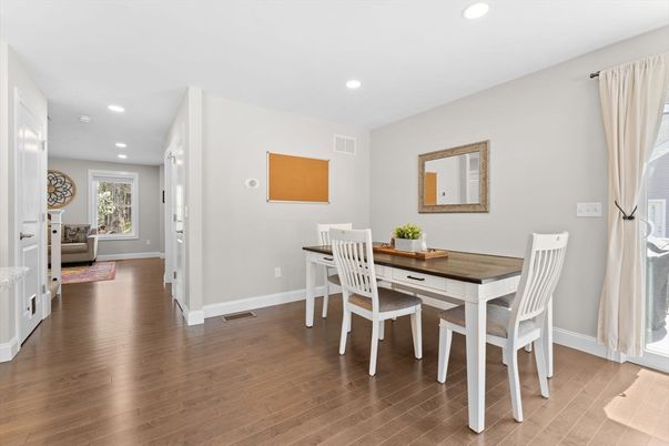Dining room, Interior, Recessed Lighting, Wood Texture Flooring