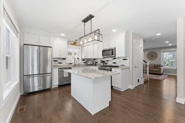 Interior, Kitchen, Pendant Lights, Recessed Lighting, Stainless Steel Appliances, Wood Texture Flooring