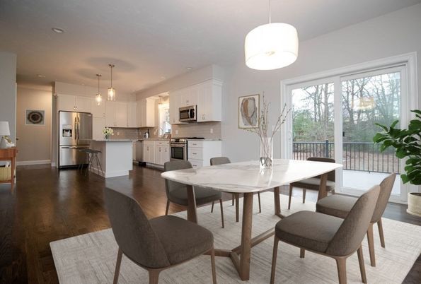 Dining room, Interior, Kitchen, Pendant Lights, Recessed Lighting, Stainless Steel Appliances, Wood Texture Flooring
