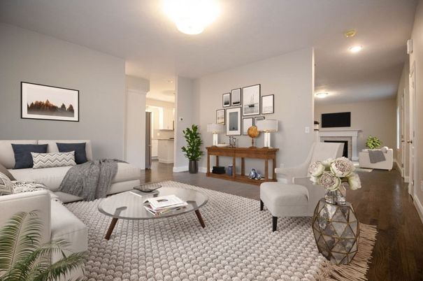 Fireplace, Interior, Living room, Recessed Lighting, Wood Texture Flooring