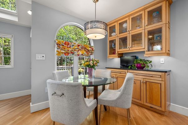 Dining room, Interior, Pendant Lights, Wood Texture Flooring