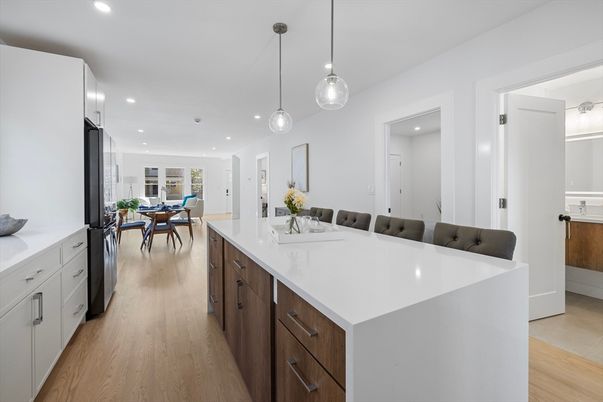 Dining room, Interior, Kitchen, Pendant Lights, Recessed Lighting, Wood Texture Flooring