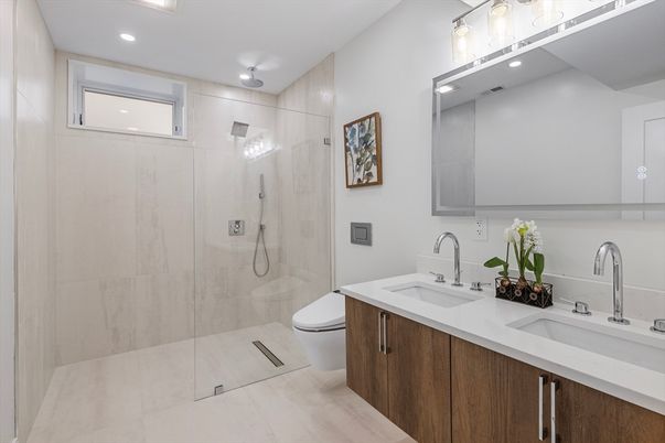 Bathroom, Dual Sink Vanities, Glass Shower, Interior, Recessed Lighting