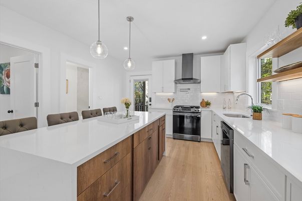 Interior, Kitchen, Pendant Lights, Recessed Lighting, Stainless Steel Appliances, Wood Texture Flooring
