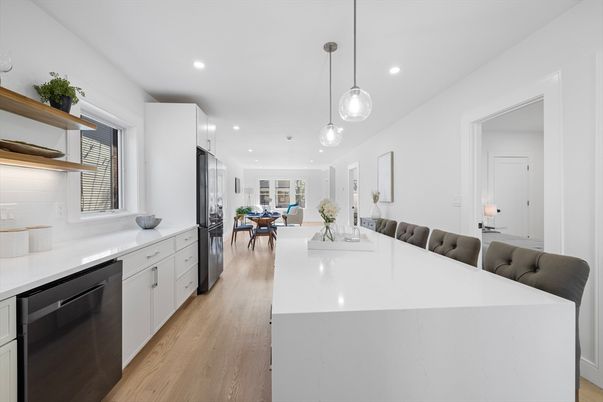 Dining room, Interior, Kitchen, Pendant Lights, Recessed Lighting, Stainless Steel Appliances, Wood Texture Flooring