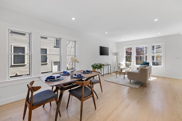 Dining room, Interior, Living room, Recessed Lighting, Wood Texture Flooring