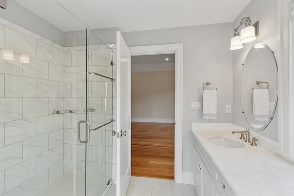Bathroom, Dual Sink Vanities, Glass Shower, Interior, Wood Texture Flooring