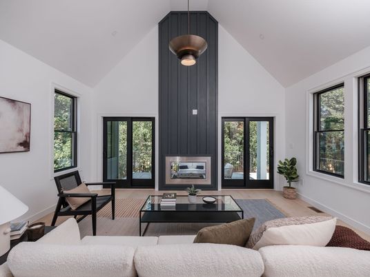 Fireplace, Interior, Living room, Pendant Lights, Wood Texture Flooring