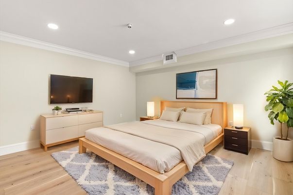 Bedroom, Interior, Recessed Lighting, Wood Texture Flooring