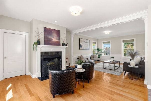 Fireplace, Interior, Living room, Recessed Lighting, Wood Texture Flooring