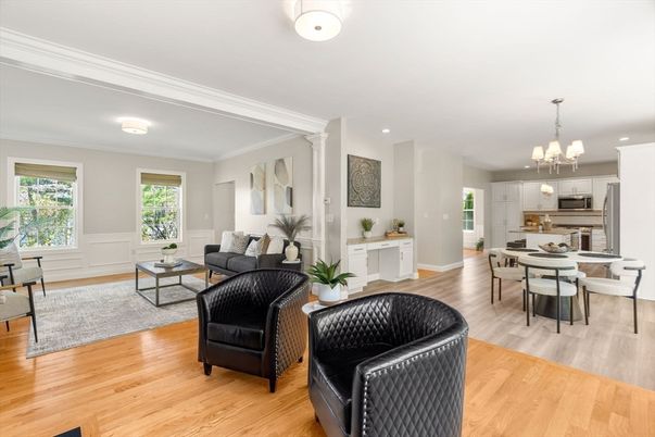 Chandelier, Dining room, Interior, Kitchen, Living room, Recessed Lighting, Stainless Steel Appliances, Wood Texture Flooring