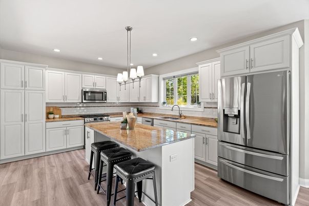 Chandelier, Interior, Kitchen, Pendant Lights, Recessed Lighting, Stainless Steel Appliances, Wood Texture Flooring