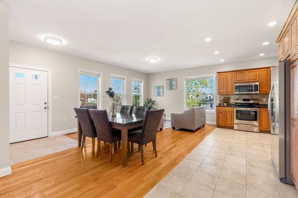 Dining room, Interior, Kitchen, Living room, Recessed Lighting, Stainless Steel Appliances, Wood Texture Flooring