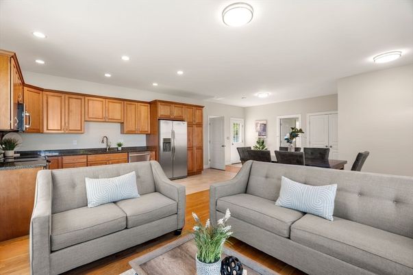 Dining room, Interior, Kitchen, Living room, Recessed Lighting, Stainless Steel Appliances, Wood Texture Flooring