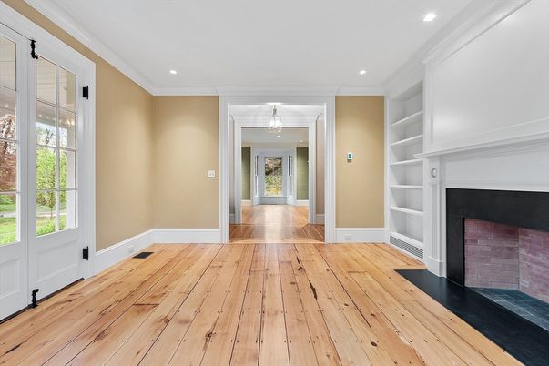 Empty room, Fireplace, Interior, Recessed Lighting, Wood Texture Flooring