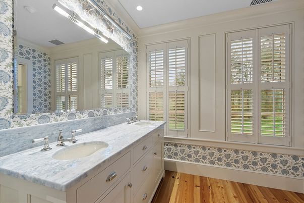 Bathroom, Dual Sink Vanities, Interior, Recessed Lighting, Wood Texture Flooring