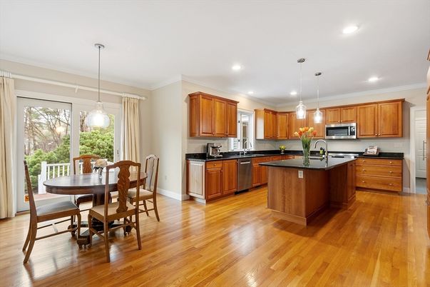 Dining room, Interior, Kitchen, Pendant Lights, Recessed Lighting, Stainless Steel Appliances, Wood Texture Flooring