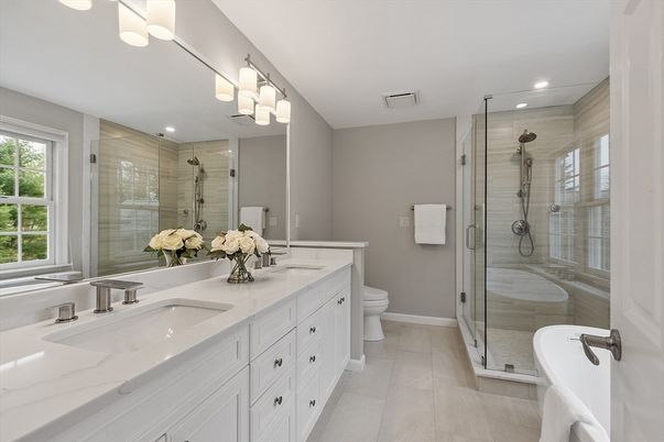 Bathroom, Dual Sink Vanities, Glass Shower, Interior, Recessed Lighting