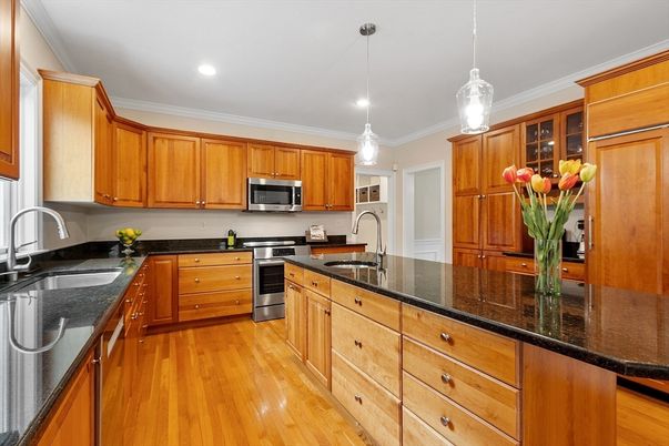 Interior, Kitchen, Pendant Lights, Recessed Lighting, Stainless Steel Appliances, Wood Texture Flooring