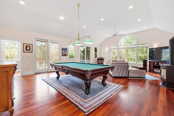 Billiard Table, Game Room, Interior, Living room, Pendant Lights, Recessed Lighting, Wood Texture Flooring