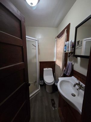 Bathroom, Glass Shower, Interior, Wood Texture Flooring