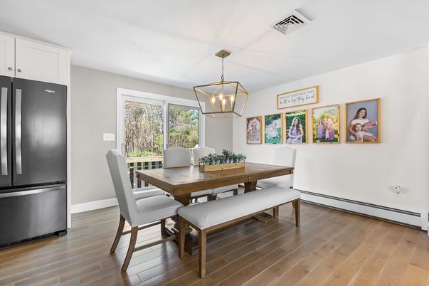 Dining room, Interior, Pendant Lights, Wood Texture Flooring