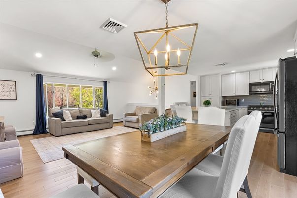 Dining room, Interior, Kitchen, Living room, Pendant Lights, Recessed Lighting, Stainless Steel Appliances, Wood Texture Flooring