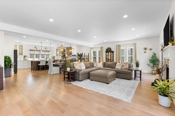 Dining room, Fireplace, Interior, Kitchen, Living room, Pendant Lights, Recessed Lighting, Wood Texture Flooring